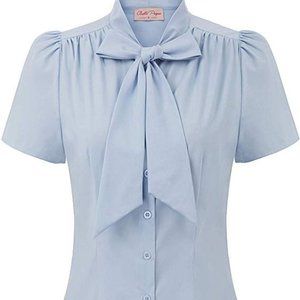 XXLarge - Blue Short Sleeve Office Bow Top